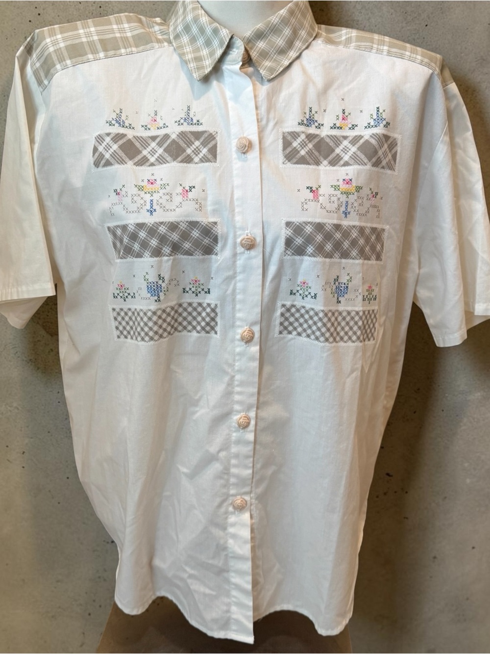 Teddi Embroidered Plaid Blouse Cross Stitch Rose Buttons Cottagecore